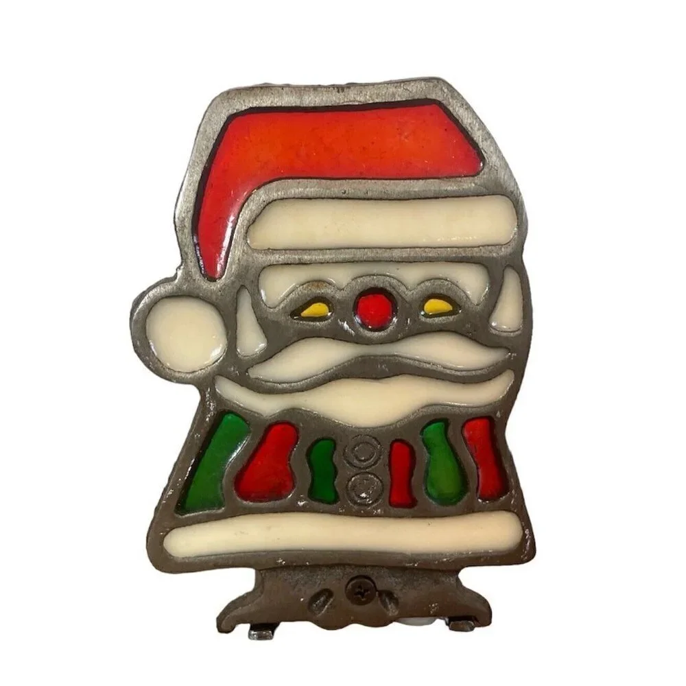 Cast Iron Stained Glass Glo Santa Claus Tea Light Holder Christmas Holiday Metal